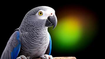 A vibrant grey parrot perched on a branch against a softly blurred colorful background photo