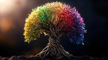 A vibrant, multicolored tree with intricate roots stands against a dramatic, dark background photo