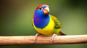A vibrant, multicolored bird perched on a branch, surrounded by a lush, blurred green background photo
