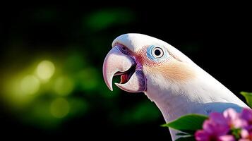 A vibrant parrot perched among lush greenery, showcasing its colorful feathers and joyful expression photo