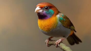 A vibrant, colorful bird perched on a branch, showcasing its striking plumage against a soft background photo