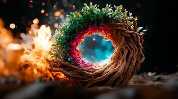 A vibrant, enchanted portal surrounded by flames and lush greenery, symbolizing transformation photo