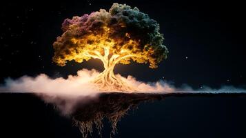 A vibrant, glowing tree emerging from floating soil, surrounded by mist and stars in a dark sky photo