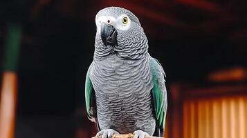 A vibrant gray parrot perched on a branch, showcasing its colorful feathers in a natural setting photo