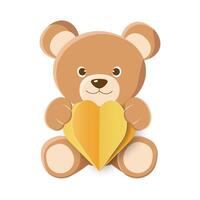 Cartoon Teddy Bear with 3D Heart Isolated on White Background. Icon Bear Plush Toy in Flat Style. Brown Animal with Paper Cut Heart. Illustration is suitable for Kids Birthday, Invitation. vector