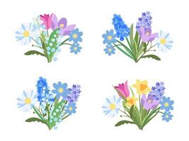 Spring Flowers Bouquet Set in Flat Style on white Background. Simple Design Bouquet of Crocus, Chamomile, Daisy, Lilies of the valley, Hyacinth, Narcissus, Tulip, Hepatica, Muscari. Botanical Design. vector
