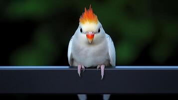 A vibrant bird with a striking orange crest perched on a railing amidst a blurred green background photo