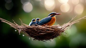A mother bird with two chicks in a nest, surrounded by a blurred green background photo