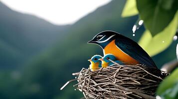 A vibrant bird caring for its two chicks in a nest amidst a lush, mountainous backdrop photo