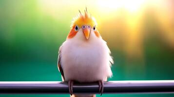 A vibrant bird perched on a railing, showcasing its colorful feathers against a blurred, sunlit background photo