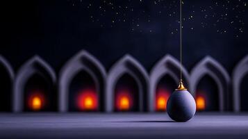 A serene scene featuring a hanging pendant in a dimly lit space with glowing lanterns in the background photo