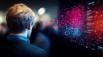 A person observing a vibrant digital display filled with data visualization in a crowded space photo