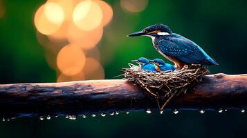 A serene scene of a kingfisher perched on a branch above its nest with chicks, surrounded by soft bokeh photo