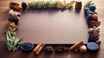 A rustic wooden surface surrounded by various spices and herbs, creating a vibrant culinary scene photo