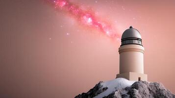 A serene lighthouse on a snowy mountain under a vibrant galaxy at twilight, evoking tranquility photo