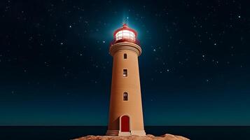 A stunning lighthouse illuminated at night, surrounded by a starry sky and calm waters photo