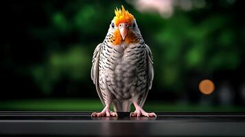 A vibrant bird with a striking orange crest stands on a railing, surrounded by a lush green background photo