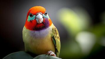 A vibrant bird with a colorful plumage perched on a leafy branch, set against a blurred background photo