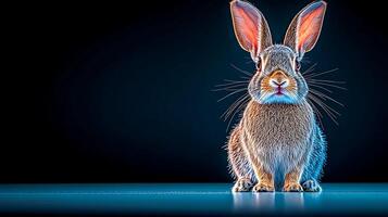 A realistic rabbit sitting on a surface with a dark blue background, showcasing its features and fur photo