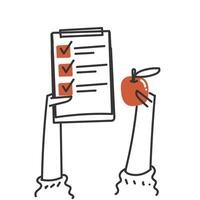 a hand holding a clipboard with a checklist and an apple vector