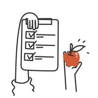 a hand holding an apple and a checklist with a check mark vector