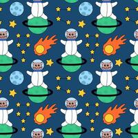 Seamless Pattern with Cute cat astronaut in space sit on planet. Stars, Constellation, Comet. Flat Illustration. vector