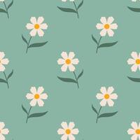 Chamomile, daisy seamless pattern. Flower of white daisy on turquoise background. Doodle style. Hand drawn texture. Fabric design. Flat design vector