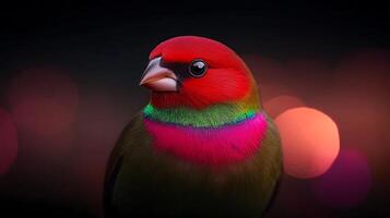 A vibrant bird with red and green plumage perched against a softly blurred background photo