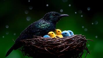 A vibrant bird with iridescent feathers shelters its colorful chicks in a rain-soaked nest photo