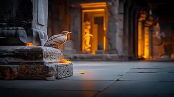A serene bird perched on a stone pedestal in an ancient temple, illuminated by warm light photo