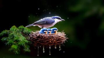 A serene scene of a bluebird feeding its three chicks in a rain-soaked nest surrounded by greenery photo