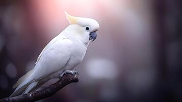 A serene white cockatoo perched on a branch amidst a softly blurred forest background photo