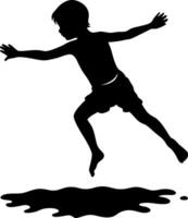 nergetic Boy Leaping into a Puddle - Black and White Silhouette on a White Background vector