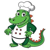 Smiling Green Alligator Dressed as a Professional Chef with a White Coat and Buttons, Welcoming Guests in a Fun Cartoon Style vector