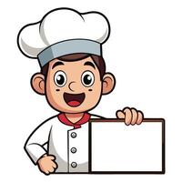 Chef with White Cloche Hat Pointing at Blank Board for Menu Display vector