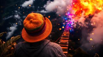 A person wearing a colorful hat gazes at a vibrant, fiery landscape with swirling clouds photo
