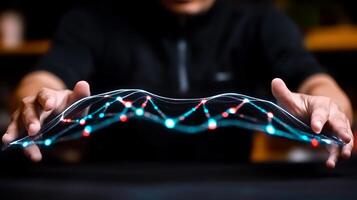 A person manipulating a glowing data visualization with interconnected nodes in a modern workspace photo