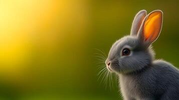 A serene close-up of a gray rabbit in a soft-focus green background during golden hour photo
