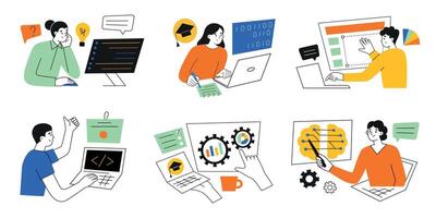 illustration set of online education. Cartoon flat characters learning online. Courses compositions, people training, coding, programming, working in software development, IT, analytics, AI vector