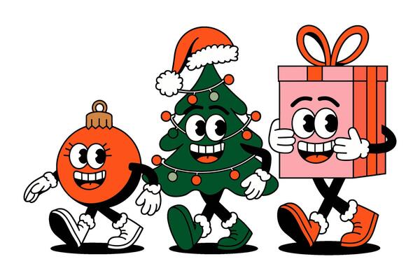 Three cartoon retro characters for Christmas, gift, tree, ball, groovy illustration
