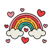 doodle rainbow with hearts surrounding it. The rainbow is colorful and the hearts are red vector