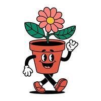 cartoon character is walking in a red pot with a flower, retro groovy style vector