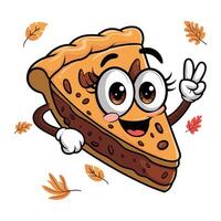 A cartoon slice of pie with a smiling face and a leafy background, retro groovy style vector