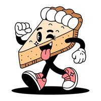 Cartoon retro character walking piece of pie with hands. He smiles and sticks out his tongue vector