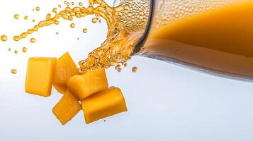 A refreshing pour of orange juice cascading over vibrant mango cubes on a clean background photo