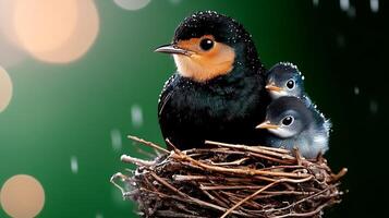 A mother bird sits protectively in a nest with her two chicks, surrounded by soft, blurred lights photo