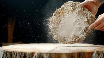 A person skillfully tossing flour into the air above a wooden surface, creating a dynamic scene photo