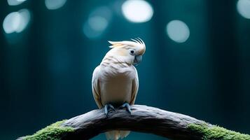 A serene cockatoo perched on a moss-covered branch in a tranquil forest with soft bokeh lights photo