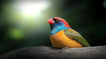 A vibrant bird perched on a branch, showcasing its colorful plumage in a serene forest setting photo