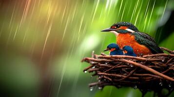 A vibrant bird nurturing its chicks in a rain-soaked nest surrounded by lush greenery photo